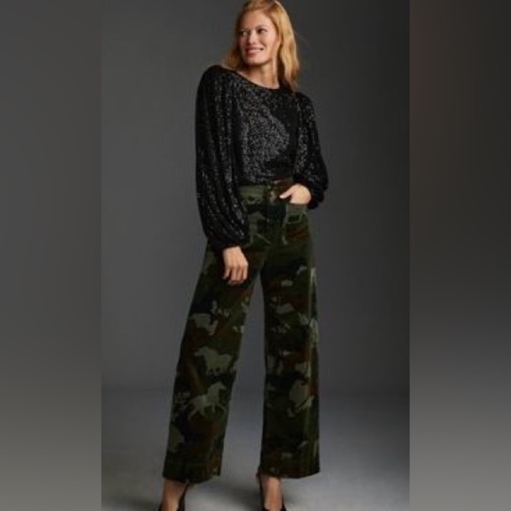 Anthropologie Green Horses Camouflage Wide Leg Pants 32 Tall